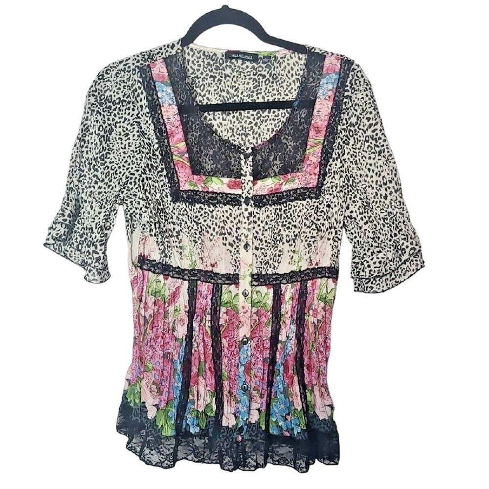 Notations Black White Leopard Floral Print Short Sleeve Top Womans Size Large‎